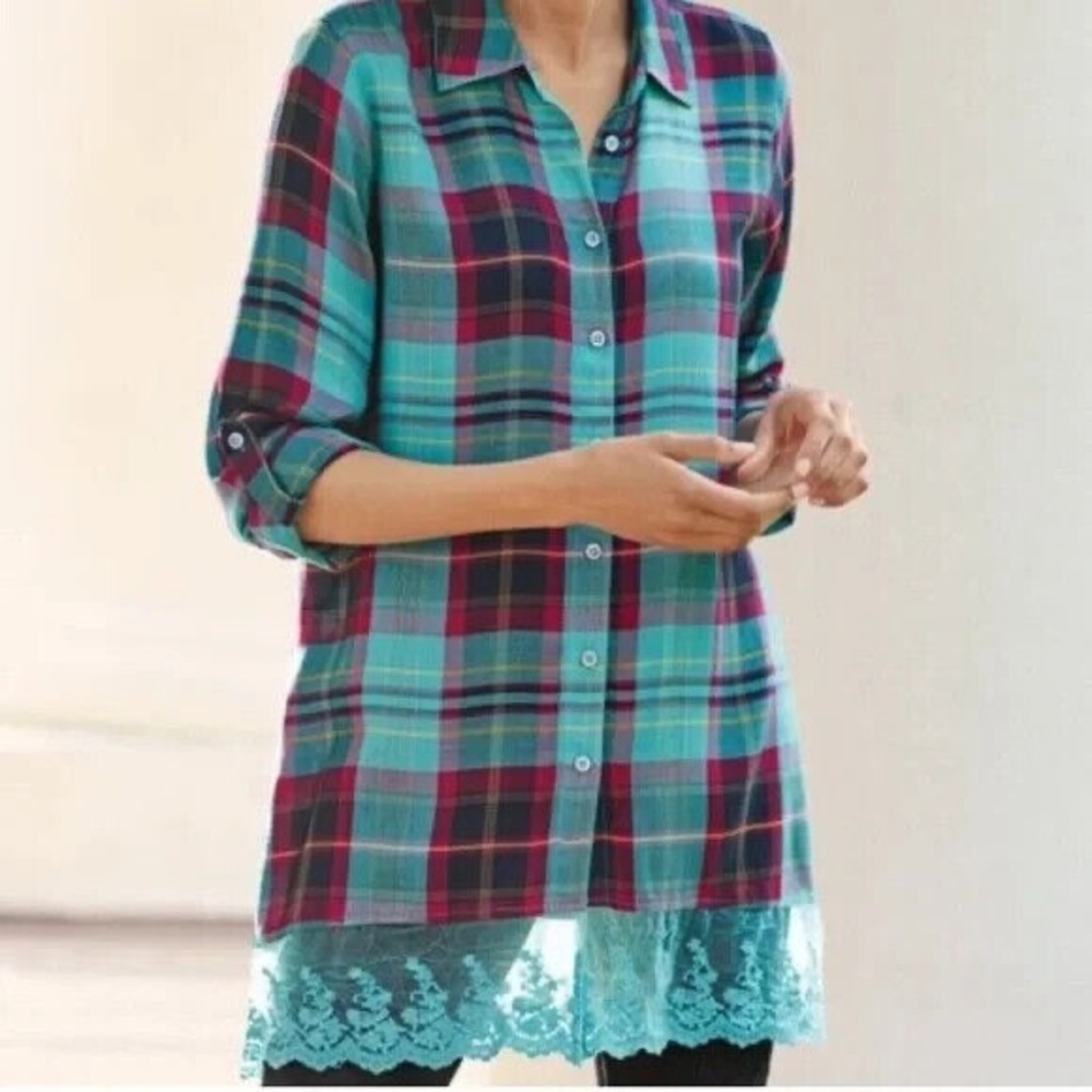 Soft Surroundings Long Plaid Lace Trim Button Down Soft Cowgirl Top Size…